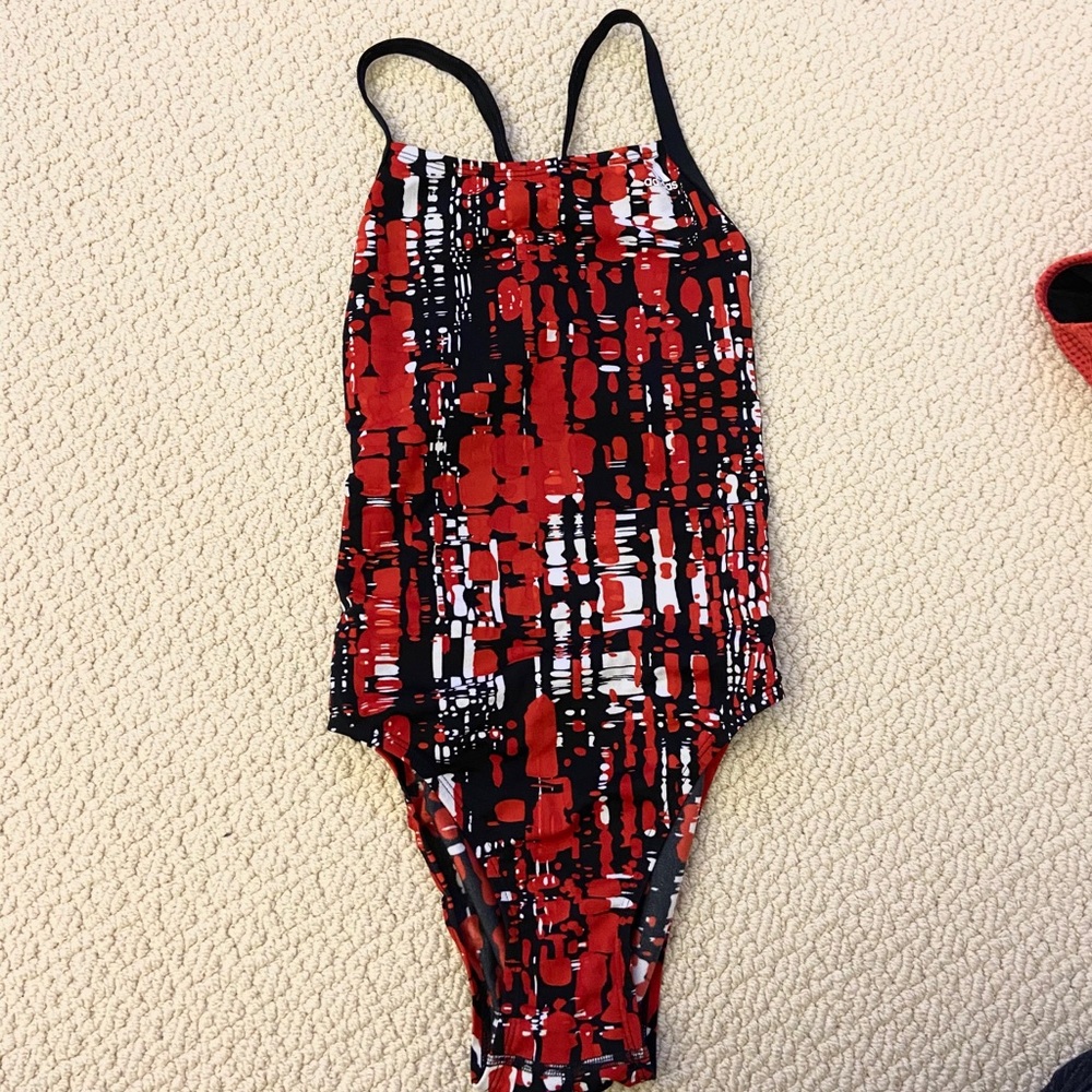 red and black adidas onesie swimsuit